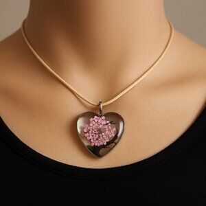 Heart-Shaped Pink Floral Tree Pendant Necklace - 18" Beige Cord Fashion Jewelry